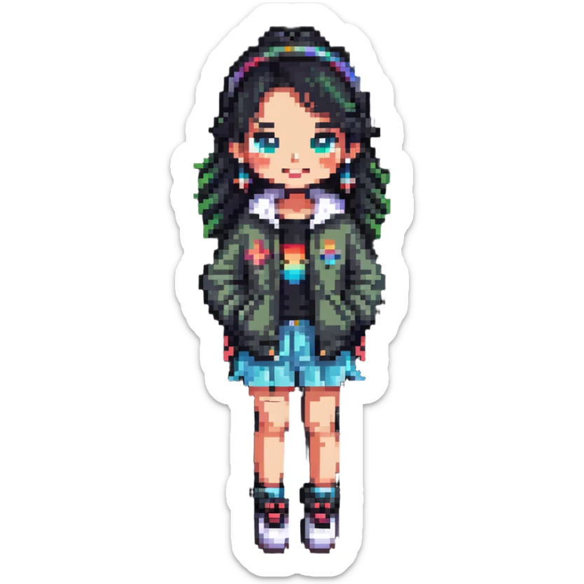 confident, fashionable girl character, stylish and bold, wearing trendy clothes, cheerful expression, pixel art style sticker