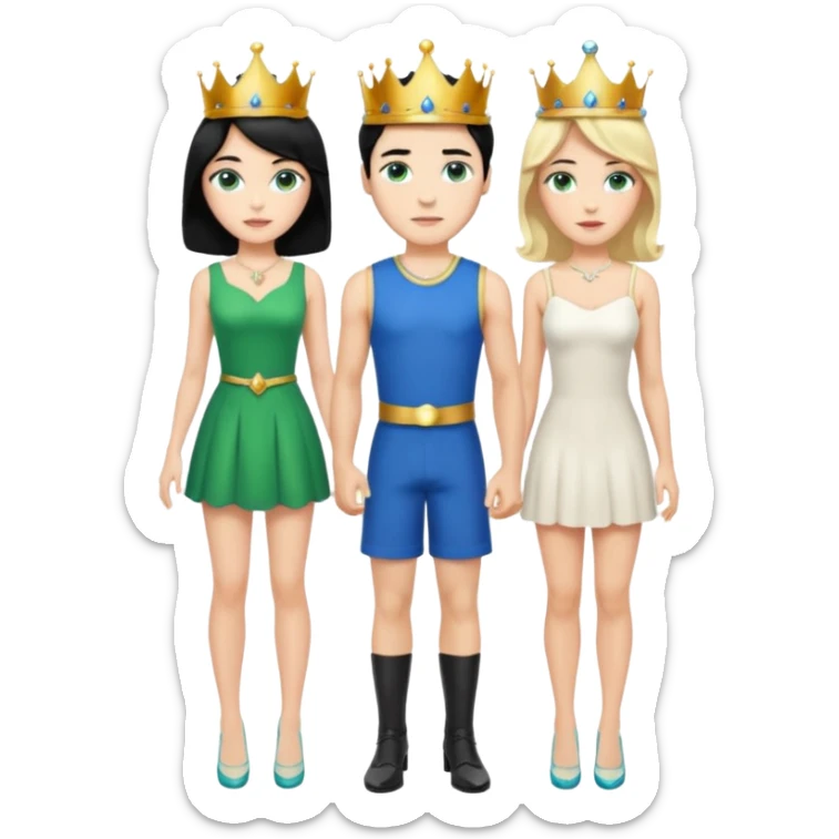 Prince with crown, black hair, body, legst, blue eyes, woman blonde hair, green eyes, sexy white short sleveless dress, shoes sticker