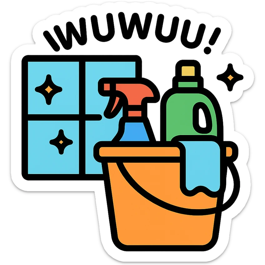 bucket with cleaning supplies next to a window, sparkling clean, playful 'wuuwuus' text, cheerful and tidy sticker