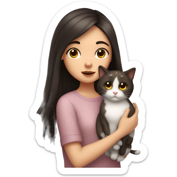 A pale girl with dark brown hair and dark brown eyes kisses a cat in her hands sticker