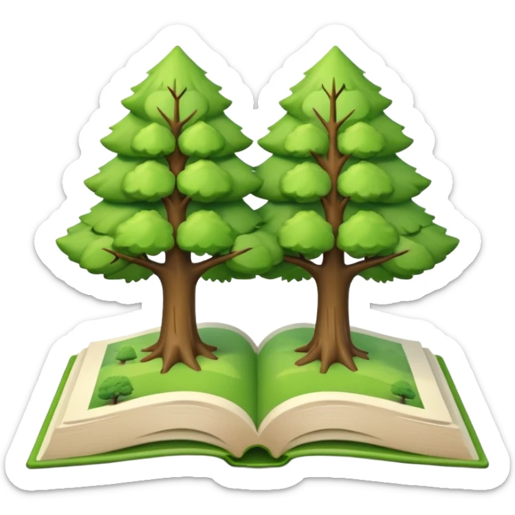 A 3D cartoon open book showing illustrations of two trees—one green and one dry—clean background, soft shadows, realistic Memoji-style look. sticker