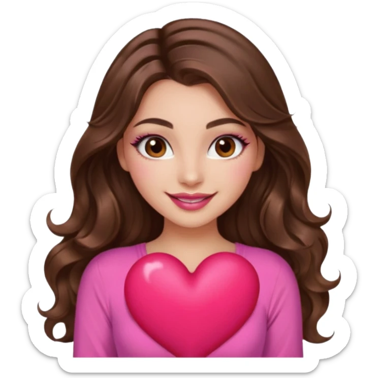 girl with long wavy brown hair, brown eyes, long lashes makeup, sexy pink lips, light to medium complexion, wearing a pink sexy top, smiling, holding a big heart sticker