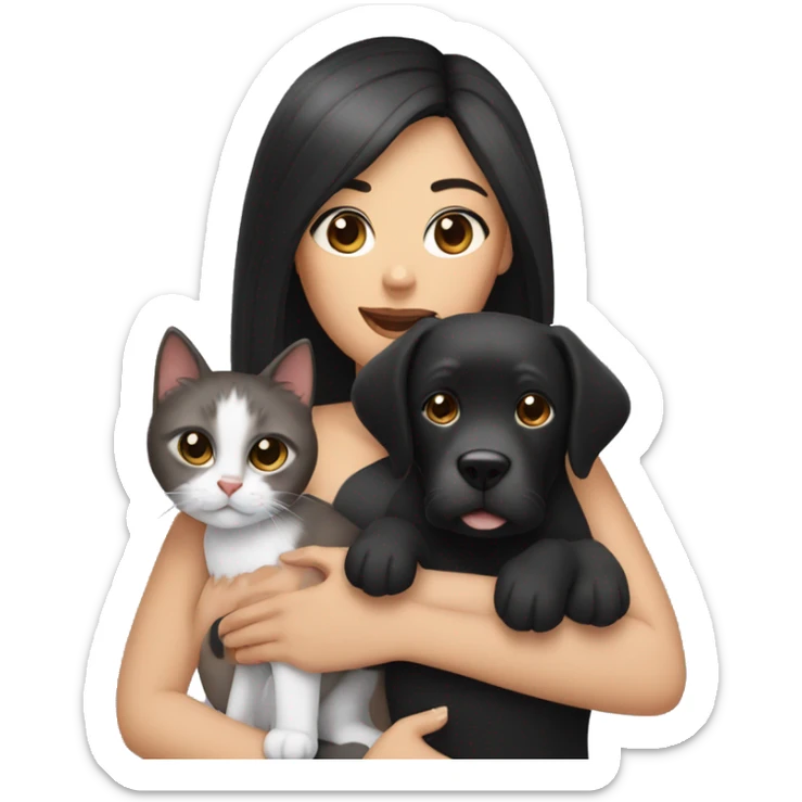 A white woman with long straight black hair and dark brown eyes, holding a mixed-breed dog and a cute cat in her lap. sticker