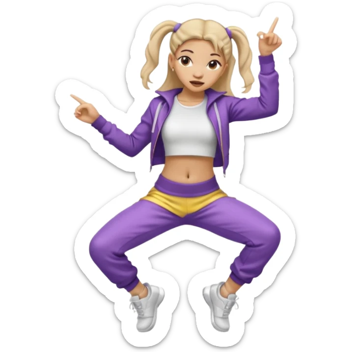 Una chica con vestuario de bailarina urbana con las piernas flexionadas, el dedo índice en la boca, el tren superior inclinado hacia la izquierda y con la cadera proyectada hacia la izquierda sticker