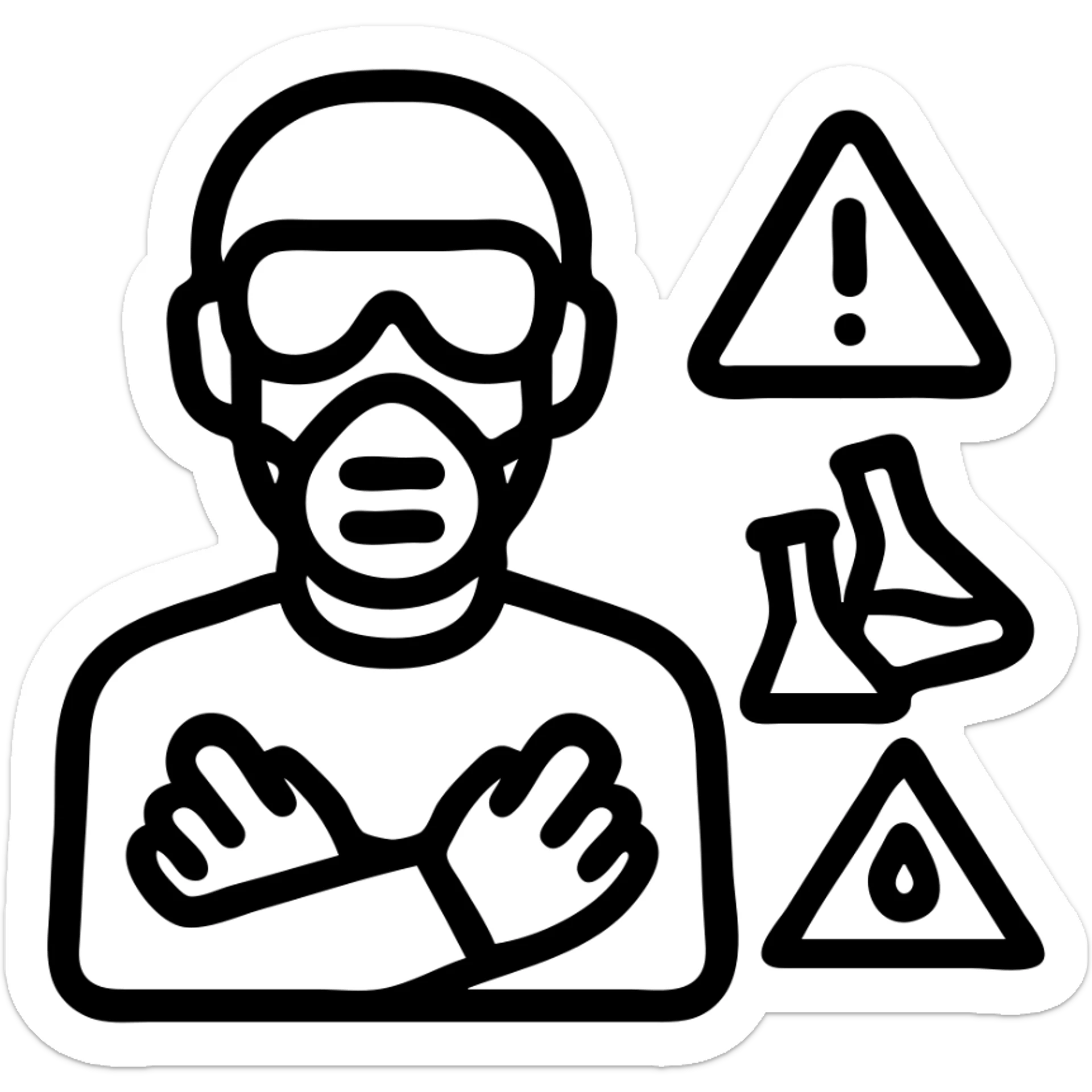 bold, easy-to-read icon for a chemical factory showing a person in full PPE including goggles, gloves, mask with a warning triangle and chemical hazard symbols sticker