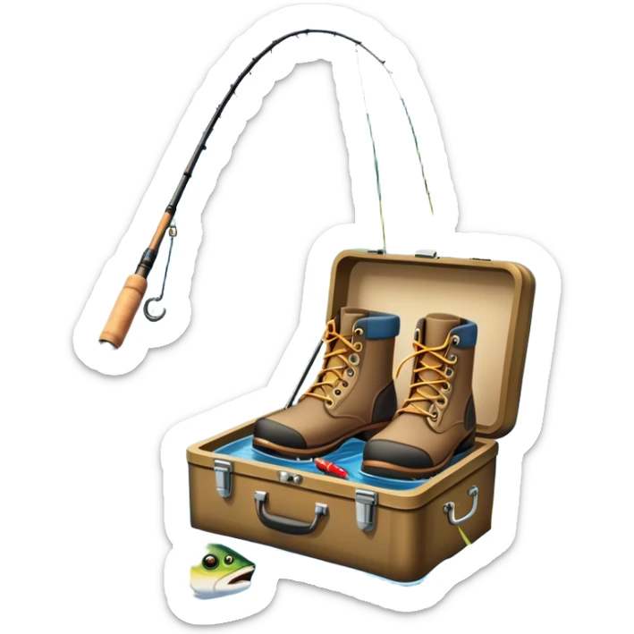 Icon for Fishing Travel: a fishing rod, tackle box, boots, and a boat by a serene lake, with fish jumping out of the water and surrounded by lush nature. The icon should capture the peaceful and adventurous spirit of fishing trips. Transparent background. sticker