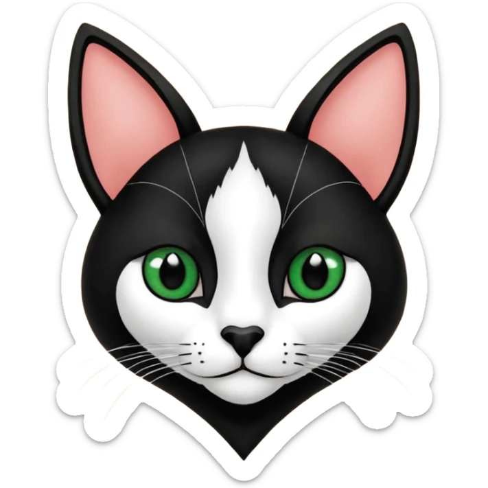 Haz una gata de ojos verdes la cara blanca con mancha negra en las orejas que agarra parte de la frente del lado der pero del iz va desde el ojo hasta la oreja la mancha, tiene la nariz negra en forma de corazón y todo lo que sobra de la cara, barbilla la nariz arriba y el lado de bigotes es blanca sticker