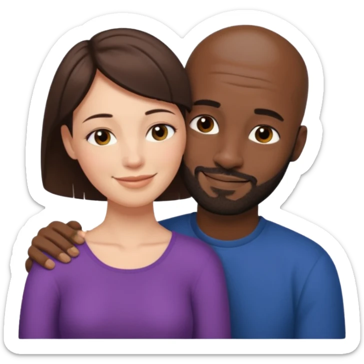 there is a white woman with short brown hair and a black man with no hair and a beard. The woman puts her head on the man's shoulder sticker