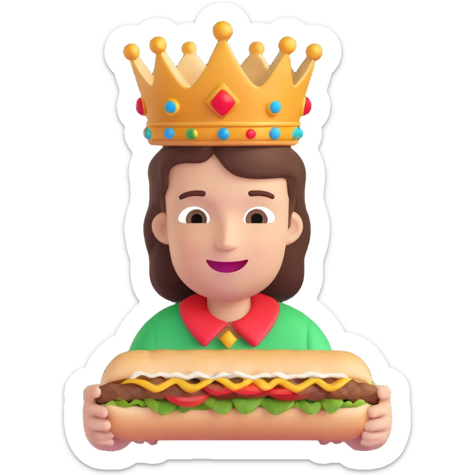 half-body person wearing a crown, happily eating a big tasty döner kebab, looking happy and relaxed, simple colorful playful emoji style sticker