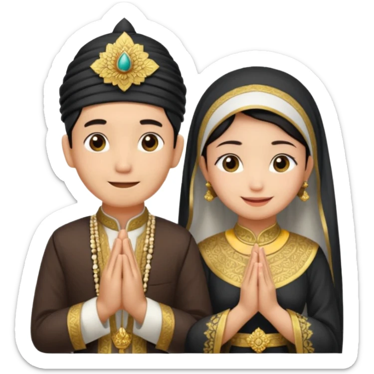 javanese person with shy smile (male) with blangkon hat and prayer hand, and also a javanese bride with sanggul and a shy smile sticker
