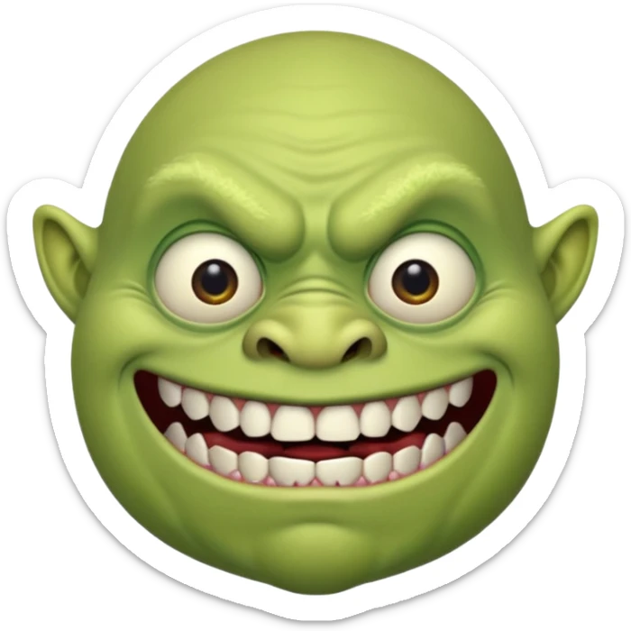 ugly green ogre with no hair a black mouth with janky white teeth sticker