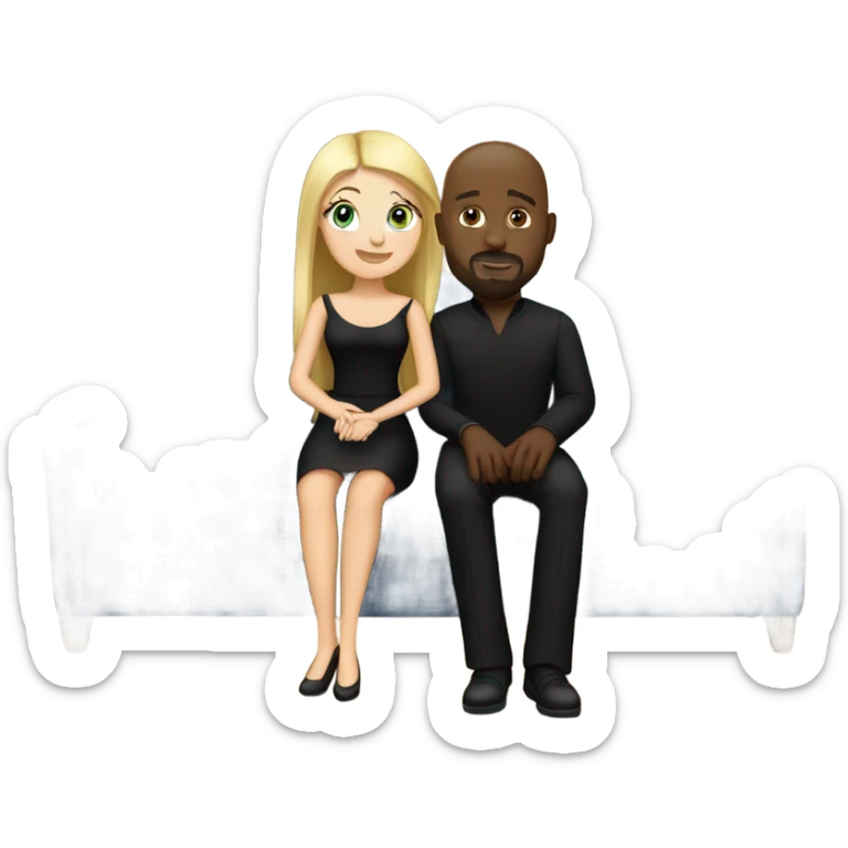 Blonde woman with blue eyes and long straight hair wearing a short black dress and a black man who is bald with a goatee seated together on a sofa enjoying a loving kiss.   sticker