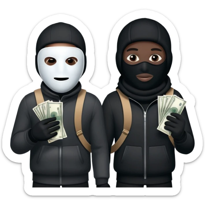 Two men one with white skin color and the other black skin color and both wearing black Ski masks holding money bag sticker