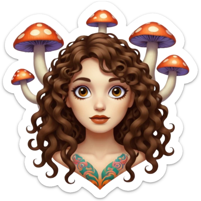 woman with long curly brown hair, brown eyes, white skin, tattoos, psychedelic mushrooms growing from her shadow sticker