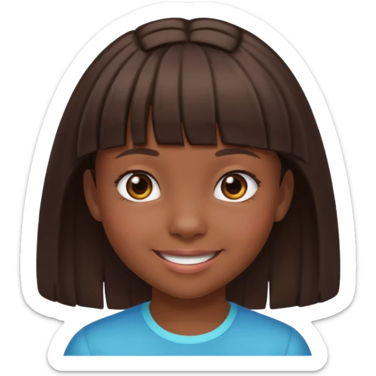 Head without neck of a 10-year-old girl with dark skin, brown hair, and bangs on her forehead. sticker