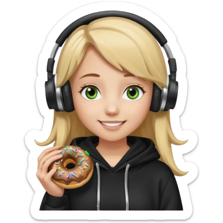 a girl with long brown hair blonde ends green and wearing black headphones she is wearing a cream coulor baggy hoddie she is happyish holding a donut sticker
