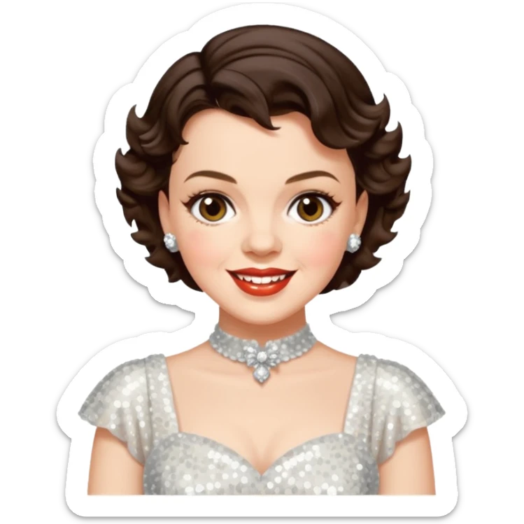 Judy Garland with short dark brown hair, white sequin dress sticker