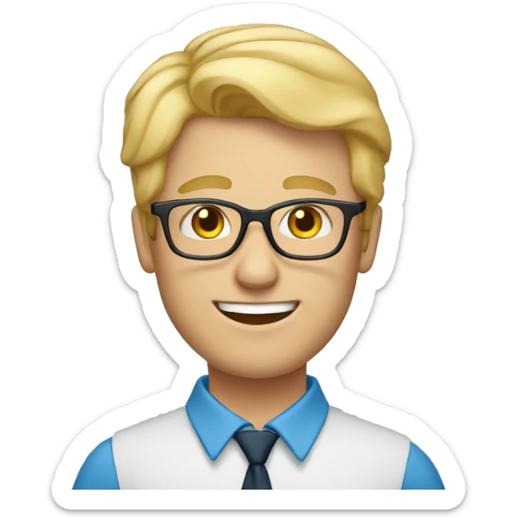male teacher with blond hair, glasses and a blue shirt sticker
