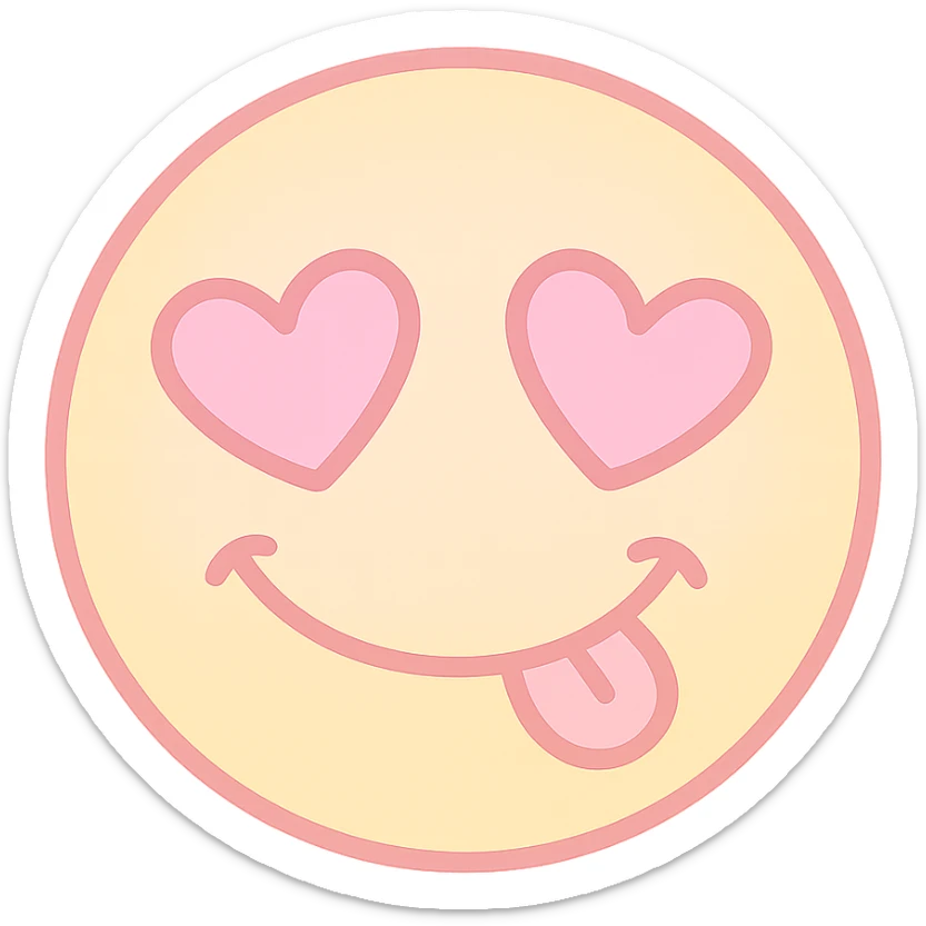 cute emoji, heart eyes, playful grin, pastel pink and yellow, no background sticker