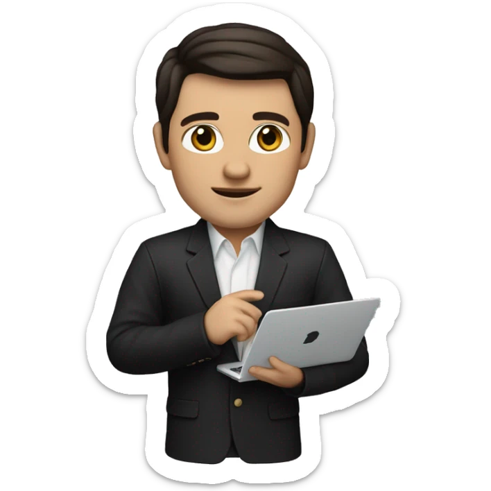     memoji of a realtor with a laptop in front, apple-style,modern,dark hair,black sweater,computer in hand,white skin, an avatar image gonna be round  sticker