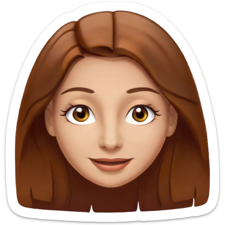 Long brown hair , thin ish brown eyes , long lashes , slightly tanned skin , smallish lips but not stretched out , smiling sticker
