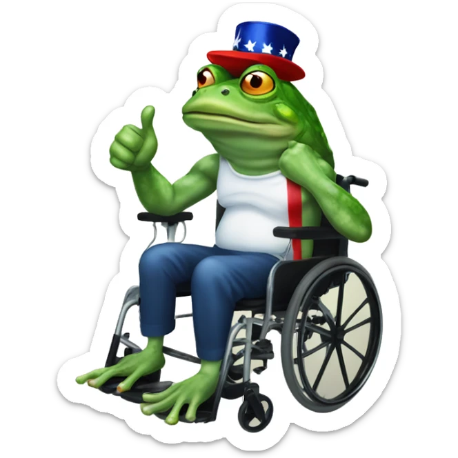 Angry frog with 'Trump 2024' hat on wheelchair and thumbs up sticker