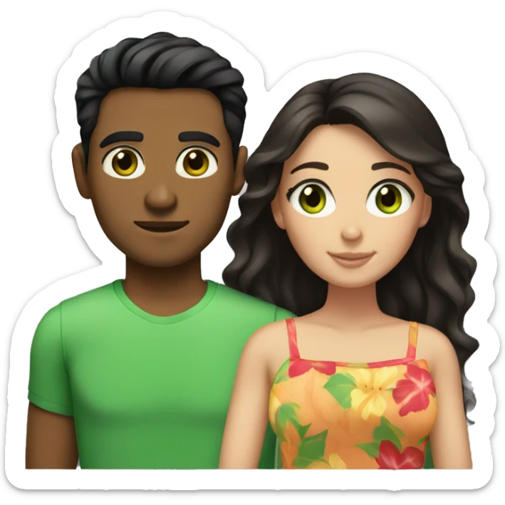 couple woman dark brown hair green eyes and hawaiian man black hair brown eyes sticker