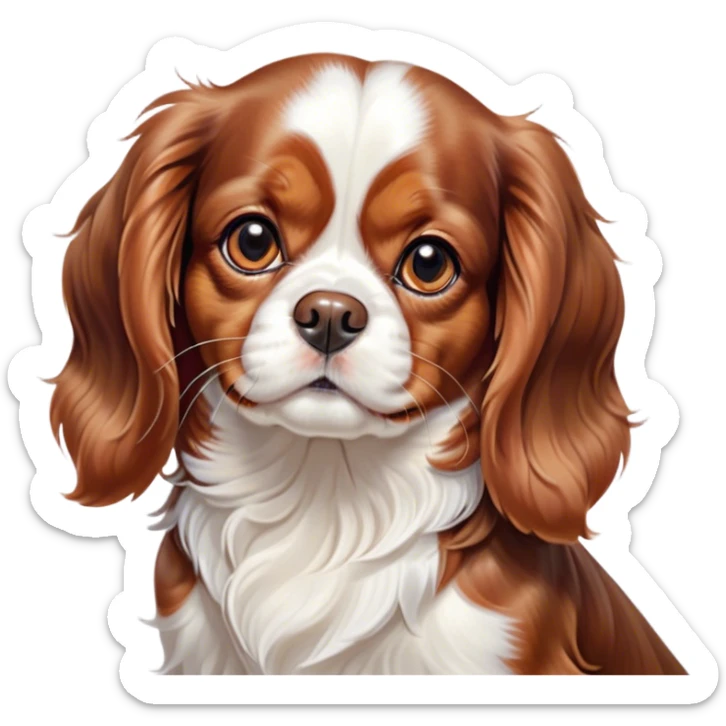 Cinematic Cute Blenheim Cavalier King Charles Spaniel Portrait Emoji, Head tilted playfully and inquisitively, silky Blenheim coat with warm chestnut and crisp white patches, round, sparkling brown eyes filled with curiosity, Simplified yet irresistibly adorable features, highly detailed, glowing with a warm, friendly glow, high shine, affectionate and lively, stylized with a touch of whimsy, bright and endearing, soft glowing outline, capturing the essence of a mischievous yet loving pup, so playful it feels like it could pounce out of the screen and into your arms! sticker