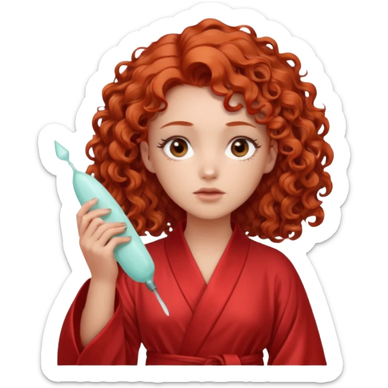 Cartoon emoji of a girl with voluminous curly red hair, fair skin, warm brown eyes. Wearing a chic milky silk robe with long sleeves, no makeup. Portrait mode, holding a gua sha, looking doubtful and unsure. Smooth, simple, stylized." sticker