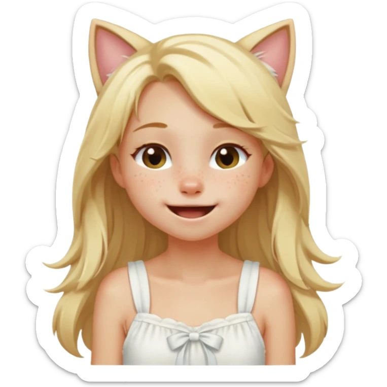 petite blonde catgirl long hair freckles giggling white sundress sticker