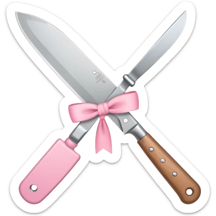 Emoji style illustration of a kitchen knife with a cute pink bow tied around the handle, minimalistic, clean design, white background, soft colors, flat vector style, kawaii emoji sticker