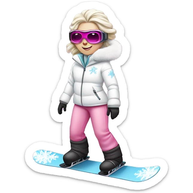 Princess Elsa snowboarding wearing a fluffy white jacket and pink pants and metal goggles sticker