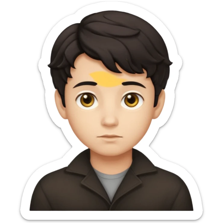 This avatar of boy has tightly curled dark hair styled upward, a rounded face with golden-brown eyes, and a neutral expression sticker