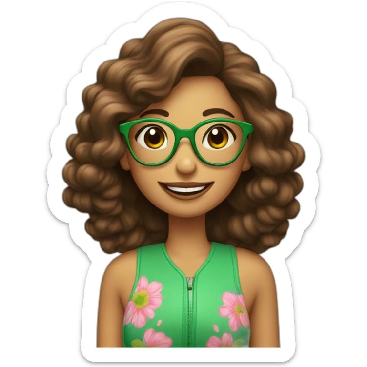 Chica pelo encima hombro y color marrón con gafas verdes, sonrisa amplia y labios pintados de rosa sticker