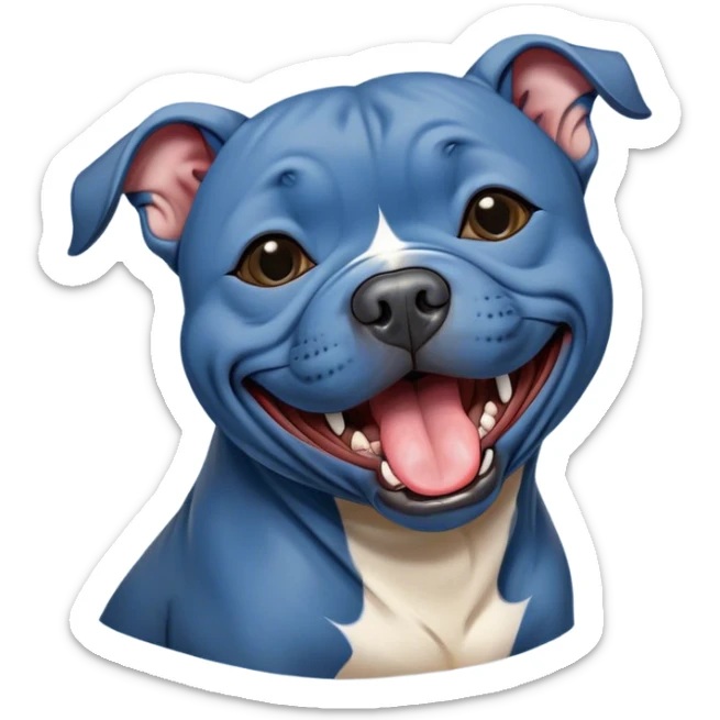 Cinematic Cute Yawning Blue Staffordshire Bull Terrier Portrait Emoji, Head tilted slightly with a dramatic, wide-open yawn, showcasing a smooth blue Fur with a refined texture, floppy ears slightly drooping, round dark eyes barely open in drowsy contentment, Simplified yet irresistibly adorable features, highly detailed, glowing with a soft, cozy glow, high shine, relaxed yet expressive, stylized with a touch of whimsy, bright and endearing, soft glowing outline, capturing the essence of a sleepy yet affectionate guardian, so drowsy it feels like it could stretch right out of the screen and curl up for a nap! sticker
