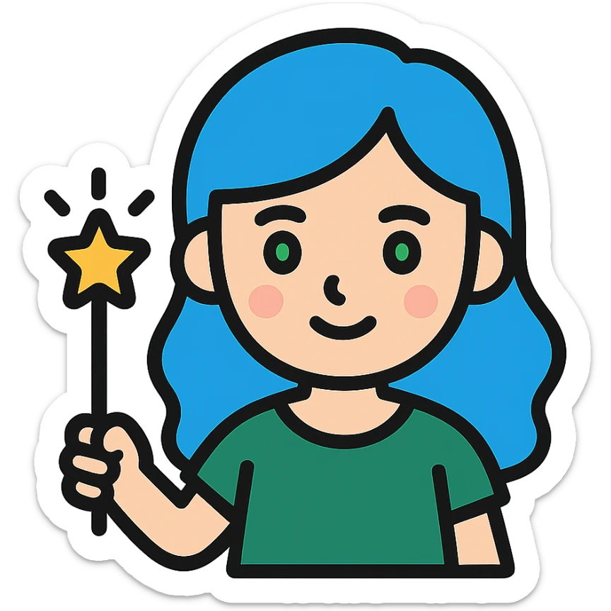 beautiful girl with blue hair and green eyes, holding a magic wand, wearing a dark green dress, color icon style sticker