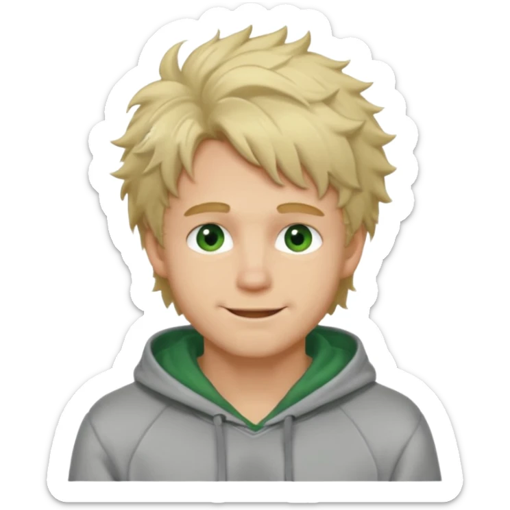 Handsome, fluffy messy  hair blond guy with green eyes and grey hoodie closed mouth sticker