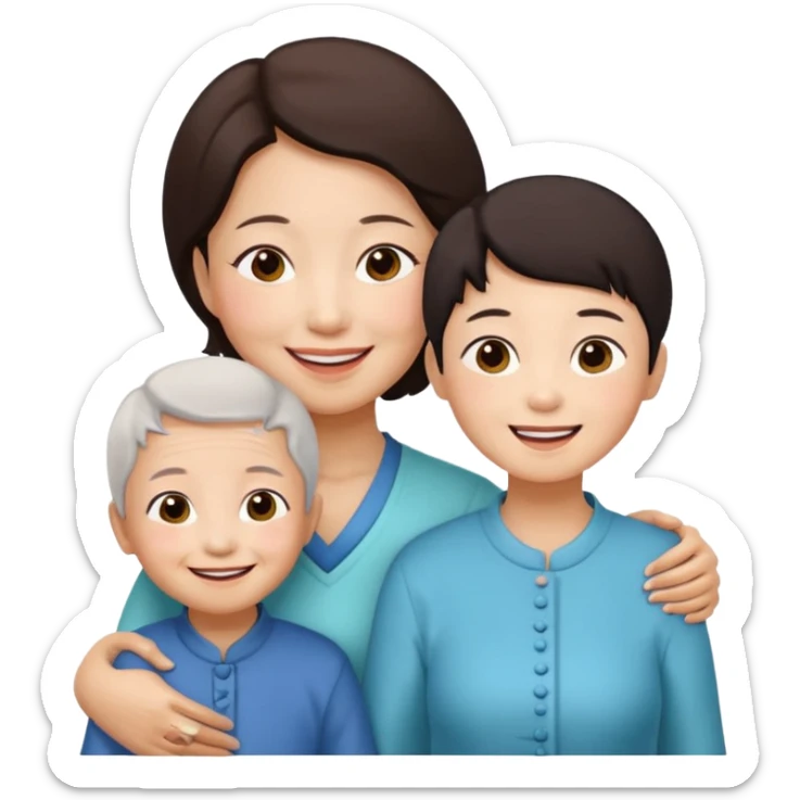 two chinese kids with their mother and grand mother smiling sticker