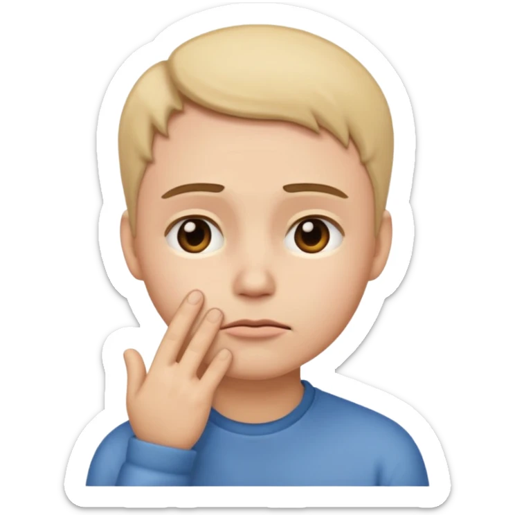 Genera un emoji estilo Apple que represente inseguridad física: un rostro neutral mirando hacia abajo, con cejas ligeramente inclinadas y una mano tocándose la mejilla como si dudara de sí mismo. Expresión suave, triste pero empática sticker