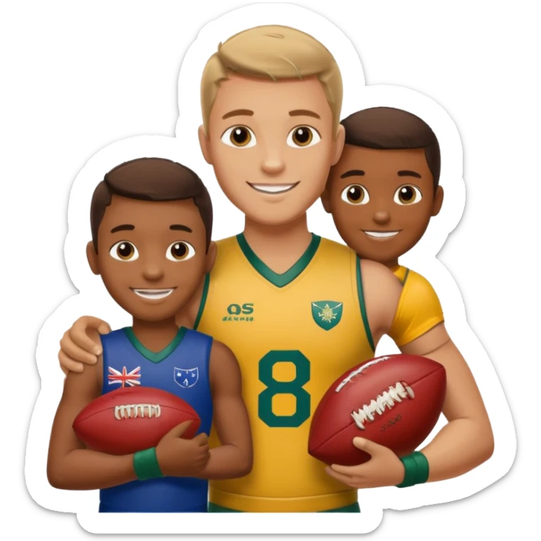 A sportsman has his arm around a young fan and they are holding a AFL sherrin, they are in australian colours, they are smiling, one is white and one is brown sticker