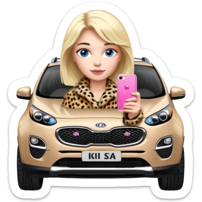 a blondie queen Arina in a leopard fur and pink iPhone on her kia Sportage car. blue eyes sticker