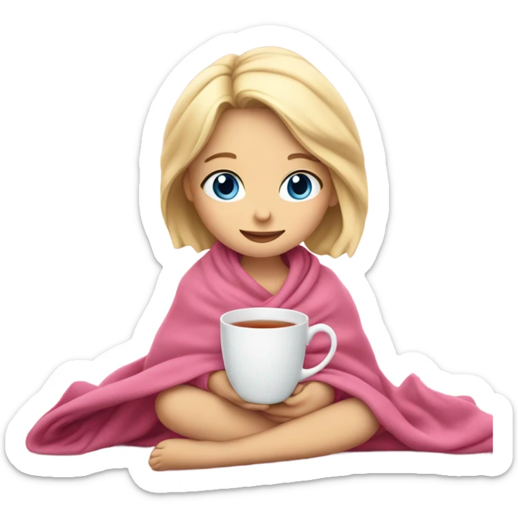 Cute blonde little girl blue eyes cup of tea pink blanket sticker