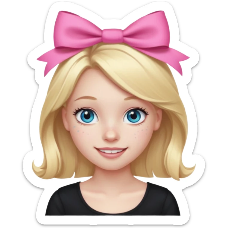 A blonde girl, teen, pale skin, freckles, light blu eyes, lashes, smiling, black top, pink coqquete bow in hair sticker
