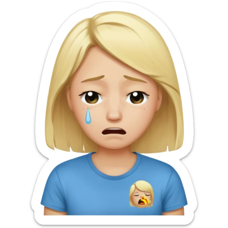 person in normal clothes crying, blonde hair, wearing a t-shirt sticker