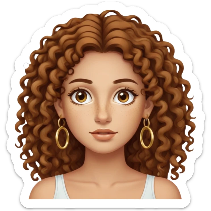 Attractive Greek woman with a wide face, freckles, long curly brown hair and gold hoop earrings sticker