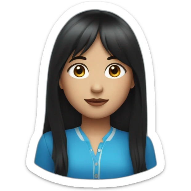 girl with long black hair, thick bangs, blue eyes, red vest and shirt sticker