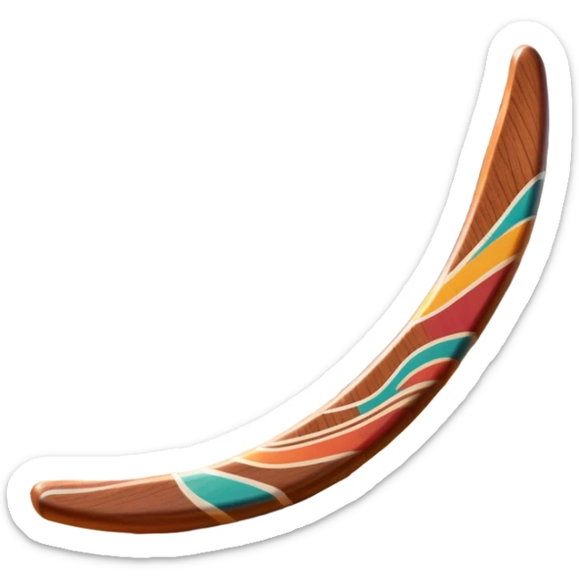 Cinematic Realistic image of a classic boomerang, rendered with detailed wood grain textures and vibrant colors, set against a sunlit outback landscape that emphasizes its iconic Australian heritage sticker
