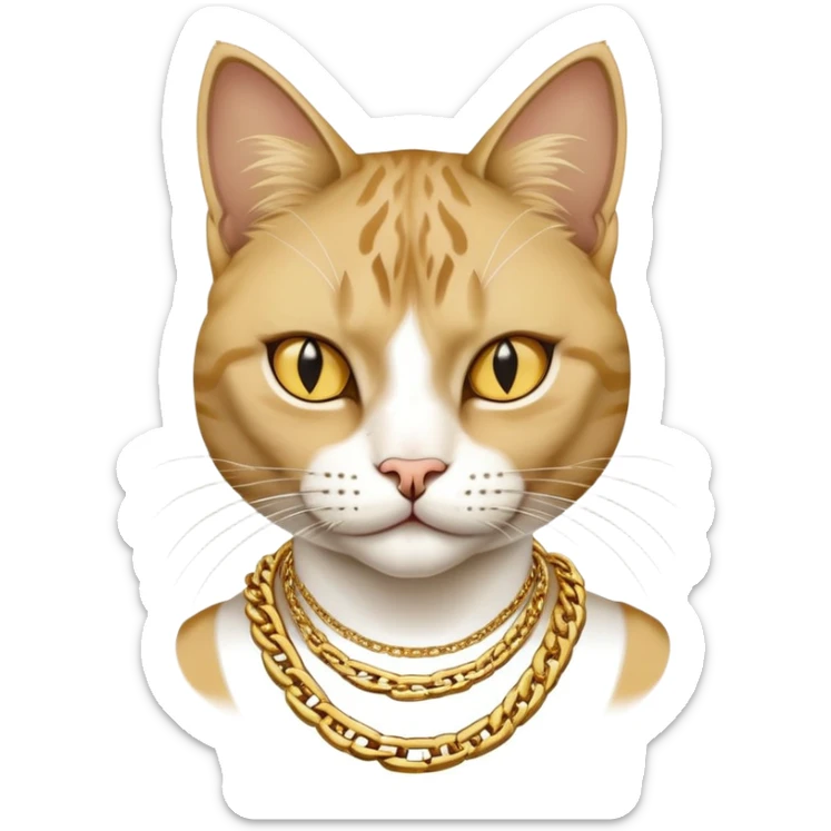 female cat named Cleo, cool and aloof, Run DMC hip-hop vibes, wearing gold chains sticker