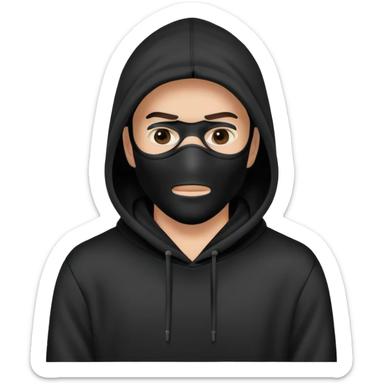 man wearing black hoody and ablack  mask that covers his whole face and eyes, we cant see his skin sticker