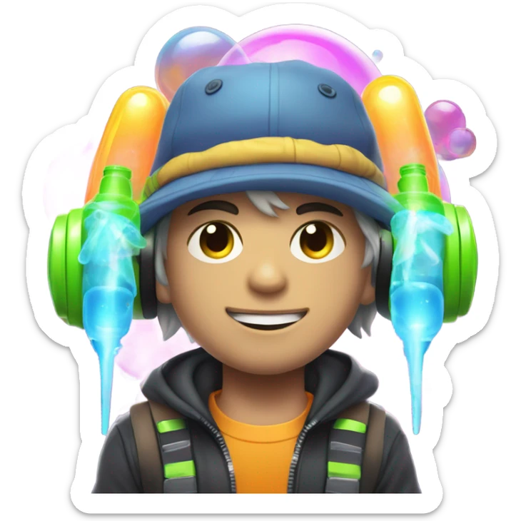 Caucasian boy at rave wearing a glowing outfit and hat with bubble guns in each hand sticker